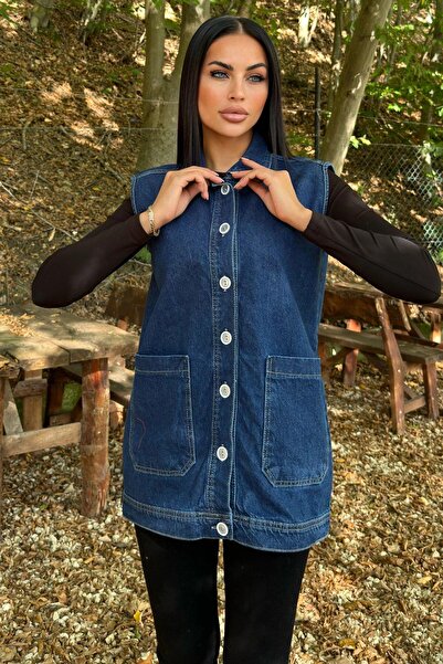 NEW LAVİVA Mavi Denim Kolsuz, Düğmeli, Geniş Cepli Uzun Kot Yelek