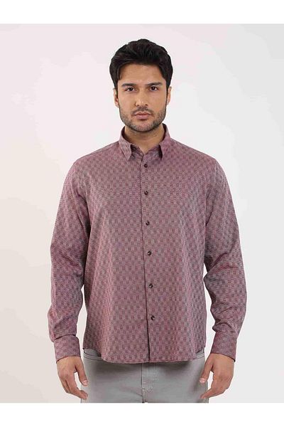 Dufy Men's Claret Red Regular Fit Patterned Shirt - Long Sleeve, Buttoned Collar - 99219