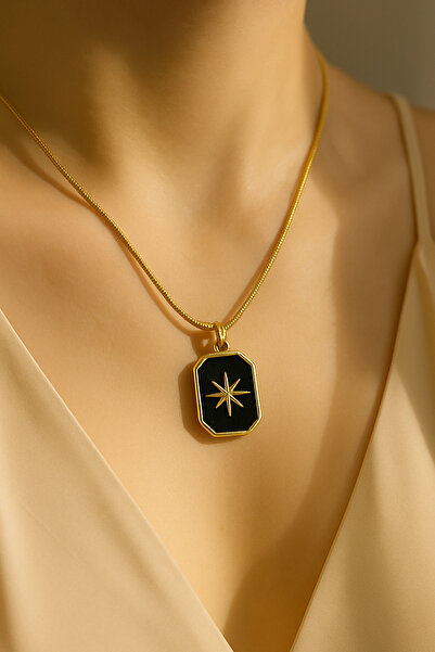 monalisatoka Kadın Kuzey Yıldızı Siyah Mineli Gold Kaplama Kutup Yıldızı Kolye