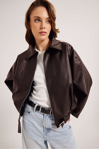 MEECY Jachetă din piele bomber oversize artificială de sezon nou