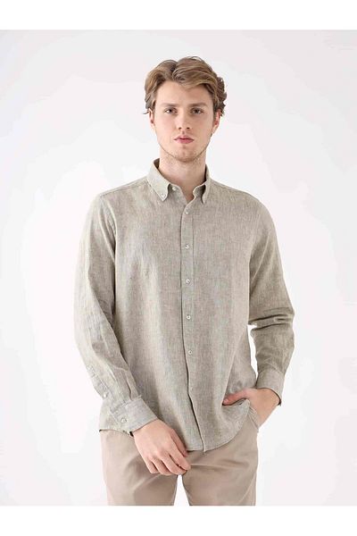 Dufy Khaki Men's Regular Fit Plain Brent Buttoned Collar Long Sleeve Shirt - 94583