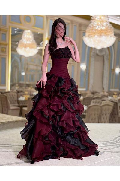MEZON FASHION Evening dress with ruffled edges and organza ribbons