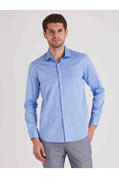 Dufy Koyu Mavi Erkek Slim Fit Düz Paul Yaka Uzun Kol Gömlek