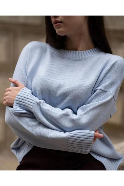 K-ODEA BUTİK Women's Blue Oversize Knitwear Sweater - Soft Textured Crew Neck Seasonal
