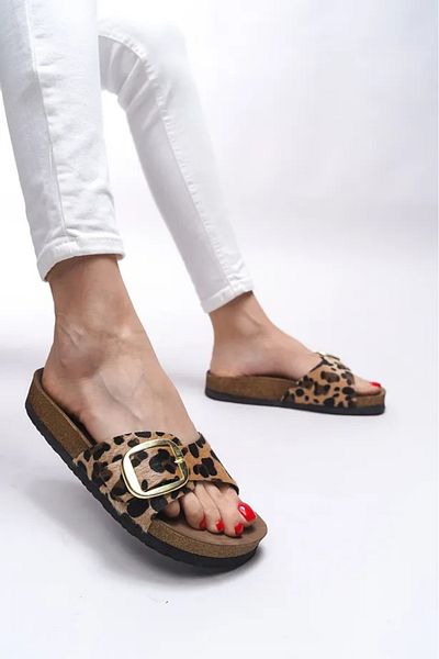 Pienn Summer Women's Orthopedic Slippers – Leopard Detailed, Double Buckle, Soft Sole House Slippers