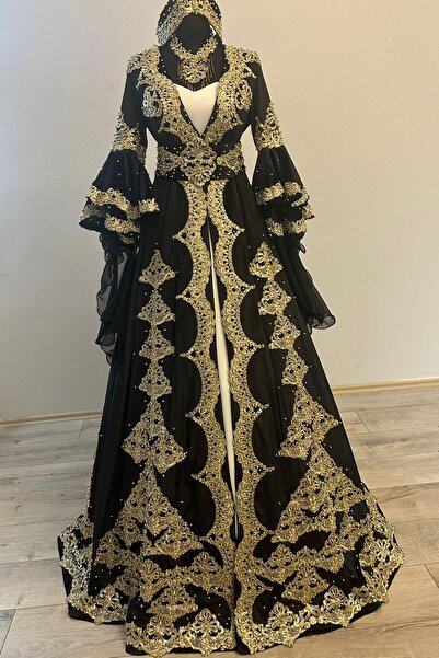 ZK ZÜMRÜT KAFTAN Kadife Bindallı Kaftan Seti Kına Gecesi Elbisesi Kaftan Takımı, Taç Kemer Kolye Tarlatan Dahil Paket