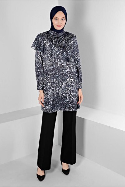 Alvina LEOPARD PATTERNED SLEEVE RUFFLE SATIN TUNIC 20309