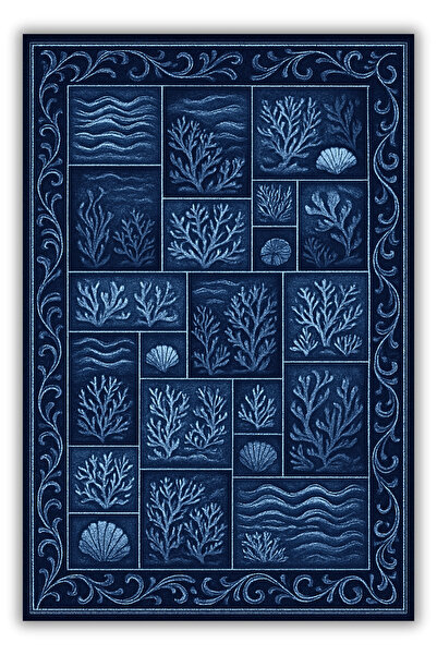 The Reef Design Lacivert Mercan Desenli Patchwork Eskitme Halı Dijital Baskıl...