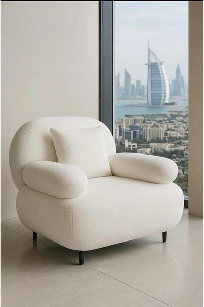 MARIA HOMES Modern White Bouclé Lounge Chair with Pillow & Cushioned Armrests – Cozy Accent Seating