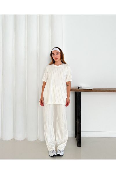 badibadii Women's Shabby Pearl Blouse Elastic Waist Pants Modal Suit 3089 60283231