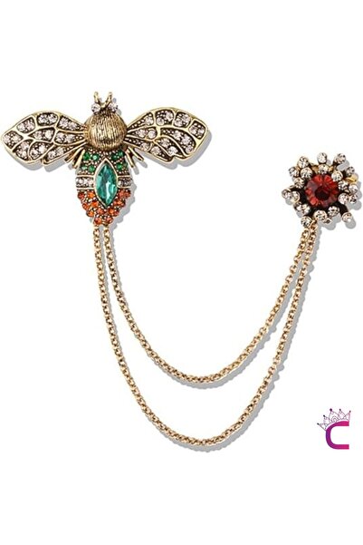 Cinderella Yeşil Zümrüt Zirkon Taşlı Zincirli Antik Bal Arı Tasarım Broş - Kadın Erkek Ceket Yaka İğnesi Rozeti