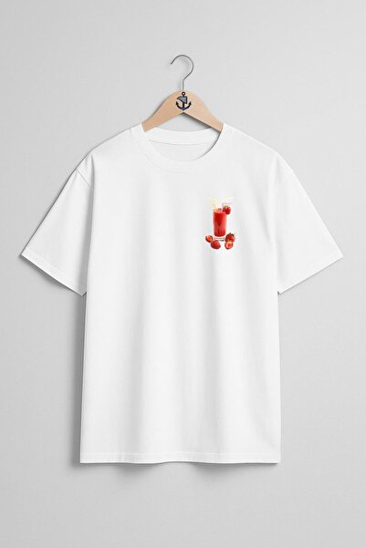 Bahriyeli Collection تي شيرت للجنسين بتصميم جيب سموثي الفراولة كبير الحجم