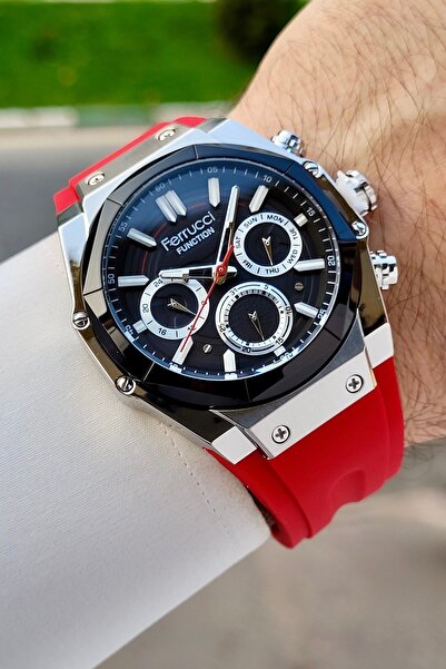Ferrucci 41 Mm Kasası Gri Kordonu Kırmızı Renk Ayarlanabilir Kordonlu Fonksiyonlu Erkek Kol Saati