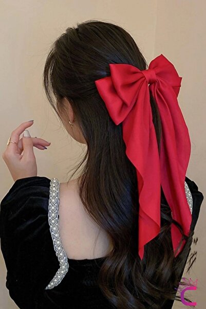 Cinderella Büyük Kırmızı Saten Otomatik Fiyonk Toka 35cm - Uzun Fiyonklu Kurdeleli Klipsli Fularlı Saç Tokası