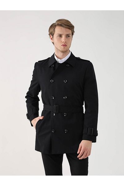 Dufy Black Men's Regular Fit Straight Double Breasted Collar Trench Coat - 96440