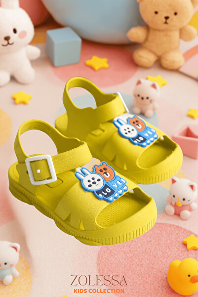 ZOLESSA Erkek Çocuk Sandalet Sarı Kaydırmaz Tabanlı Hayvan Figürlü Önü Açık Günlük Rahat Tokalı Terlik