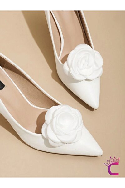 Cinderella 2'li Beyaz Gül Çiçekli Çıkarılabilir Klipsli Ayakkabı Süsü - Zarif Yaka Süsü Ayakkabı Charmı Tokası