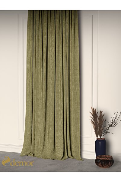 Demor Home Olive Green Linen Textured Pleated High Quality Background Curtain