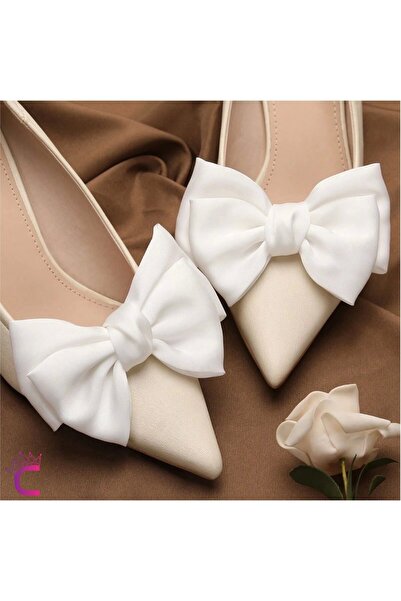 Cinderella 2'li Beyaz Kurdeleli Fiyonklu Çıkarılabilir Klipsli Ayakkabı Süsü ...