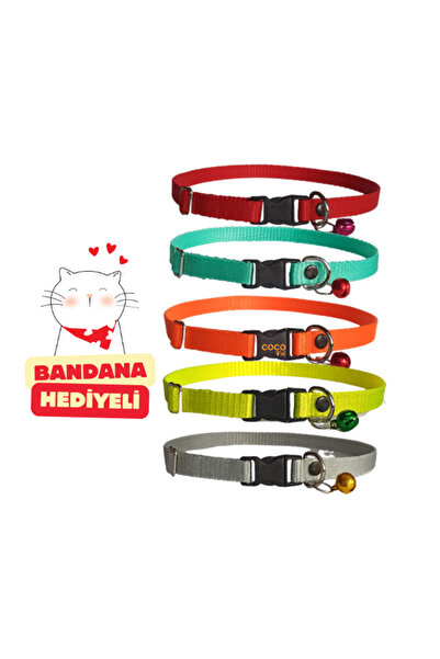 Cocopet Kedi Boyun Tasması Zilli 5'li Set 20-32 Cm Turuncu Turkuaz Sarı Gri K...