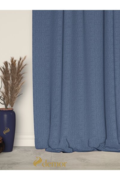 Demor Home Indigo Color Linen Textured Pleated High Quality Background Curtain