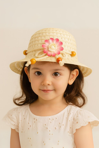 ESİLA KİDS قبعة صيفية من القش بفيونكة وردية اللون للفتيات مزينة باللؤلؤ والخر...