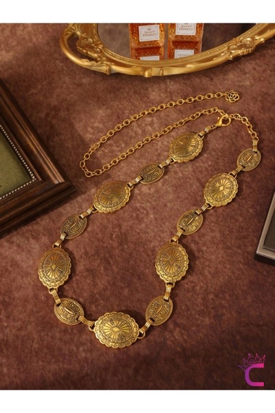 Cinderella Vintage Geometrik Desenli Antik Gold Bel Zinciri Kolyesi - Ayarlan...