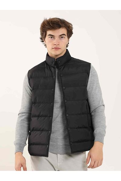 Dufy Black Men's Regular Fit Straight Stand Collar Puffer Vest - 96362