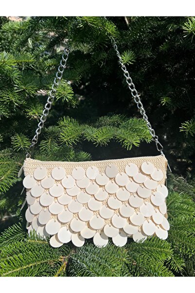 EL YAPIMI Krem Büyük Pullu Çanta