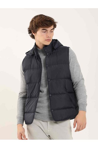 Dufy Navy Blue Men's Regular Fit Straight Hooded Vest Coat - 96668