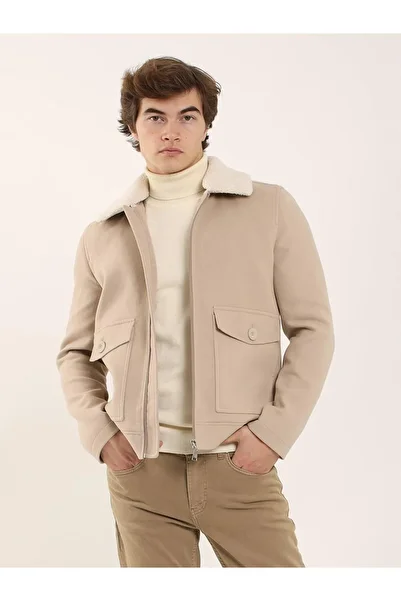 Dufy Beige Men's Regular Fit Plain Classic Fur Collar Coat -102399