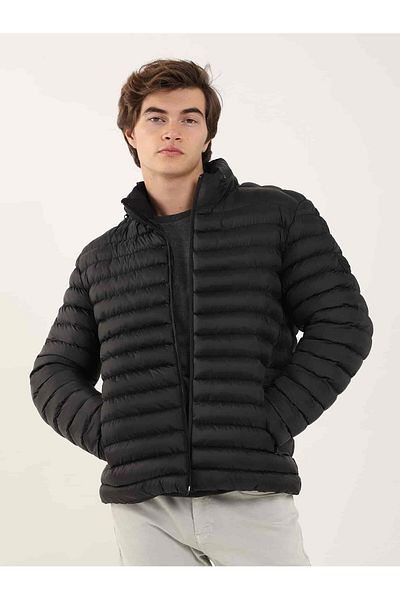 Dufy Black Men's Slim Fit Straight Stand Collar Puffer Jacket - 96294