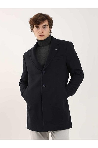 Dufy Navy Blue Men's Regular Fit Plain Mono Collar Coat - 91361