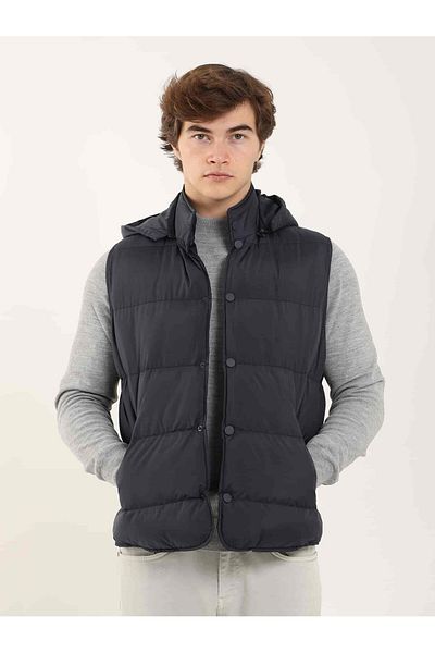Dufy Navy Blue Men's Regular Fit Straight Hooded Vest Coat - 96668
