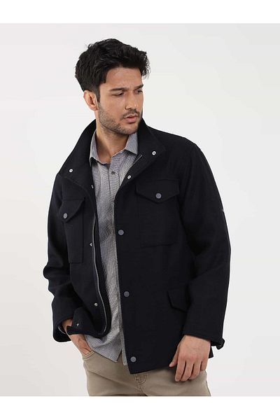 Dufy Men's Navy Blue Regular Fit Plain Casual Coat - 98145