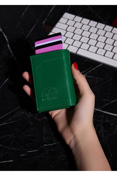 Blatoune Polo Rfid Protected Grass Green Women's Automatic Mechanism Anti-Theft Money Compartment Card Holder Wallet