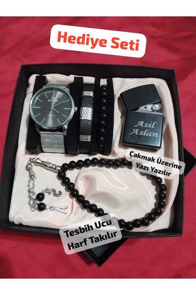 QUARTZ Özel Kutulu Hediyelik Çakmaklı Erkek Kombin Saat Seti ( 5 Parça'lı Aks...