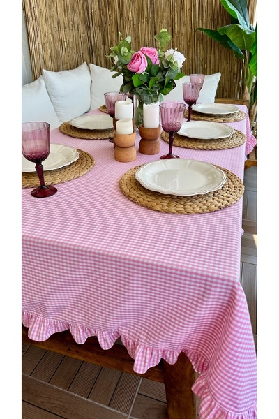 Decamor home Linen Stain Resistant Pink Gingham Ruffled Table Cloth