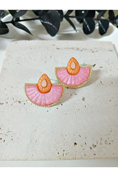 mos&more Çelik Pembe Küçük Yelpaze Elegant Küpe