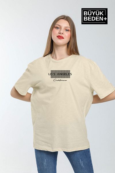Superlife Women's Plus Size Las Angeles Printed Crew Neck T-Shirt Spr25Btk909