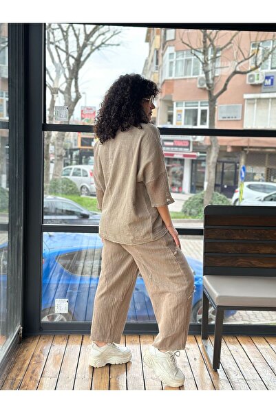 Seviliko Kadın Pantolon Keten Görünümlü Fileli Cep Dikiş Detay İtalyan Tasarım %100 Pamuk