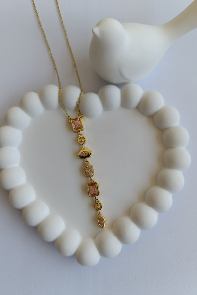 Birmem Kadın Pembe Baget Zirkon Taşlı Geometrik Tasarım Çelik Y Kolye