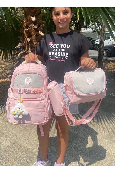 tiny wood Girl's Primary School Bag Ultra Light Primary School / Middle School School 3-Piece Bag Set Pink-Lilac -Gray