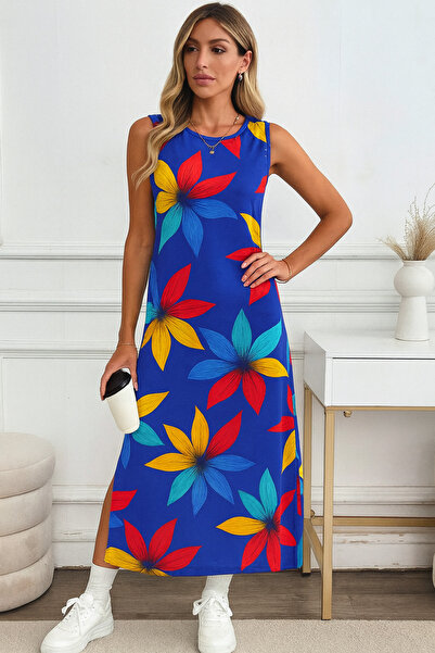 ESPİNA Women's Slit Cotton Combed Floral 125 cm Casual Dress