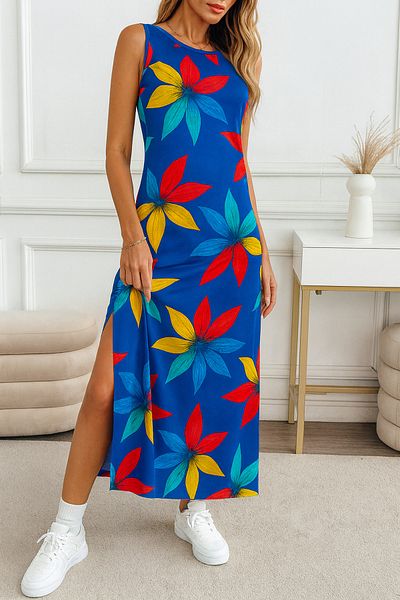 ESPİNA Women's Slit Cotton Combed Floral 125 cm Casual Dress