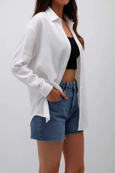 Mixray Oversize Pocketed Muslin Women's Shirt