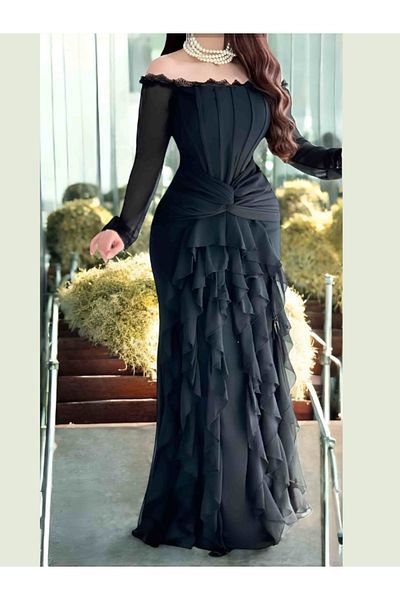 Nice Model Black Chiffon Off-Shoulder Ruffle Maxi Dress Long Sleeve Evening Gown Formal Party Dress