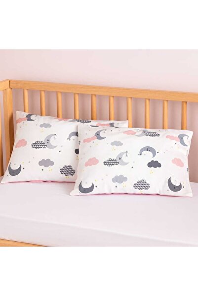 Bebek Özel Bebek Çocuk Yastık Kılıfı 35x45 (2 Adet) Pembe Gri Ay Bulut