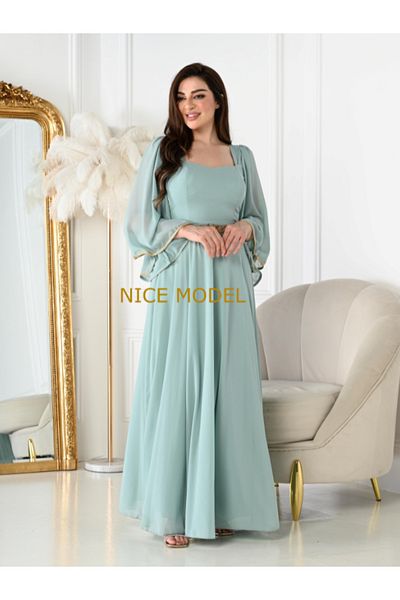 Nice Model Elegant Mint Green Chiffon Maxi Dress Long Sleeve Evening Gown with Bow Detail Plus Size
