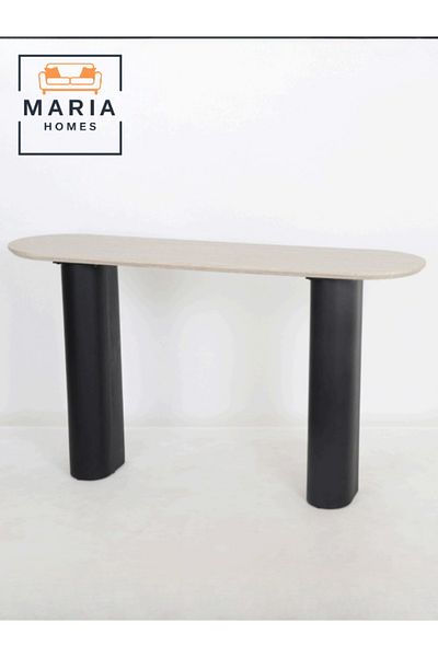 MARIA HOMES Modern Console Table with Beige Marble Top and Black Legs – 140×40×80cm